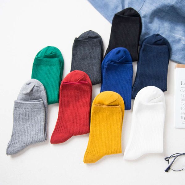 

caramella autumn and winter double needle solid color bulk men's medium cotton socks, Black