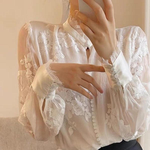 

women's blouses & shirts 100% silk embroidery look through vintage ruffle lantern sleeves european elegant chic blous, White