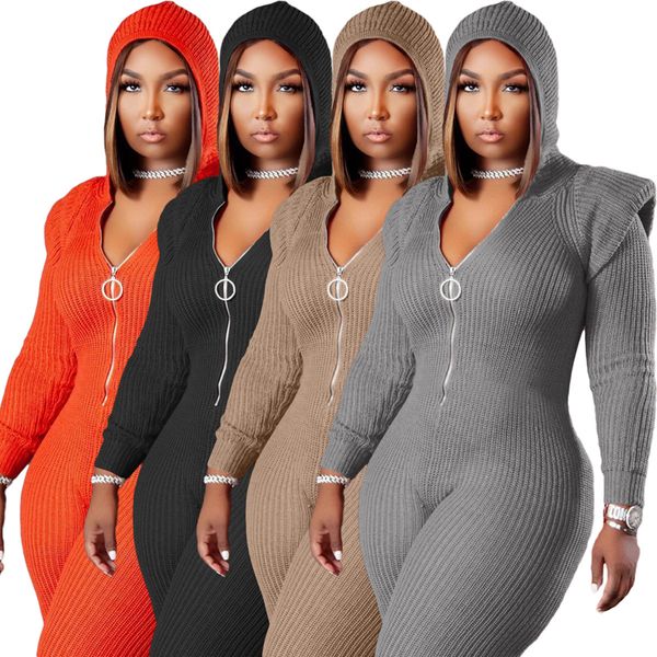 

women knitted skinny rompers designer female long sleeve casual one piece jumpsuit fashion trend slim zipper hooded plus size bodysuits, Black;white