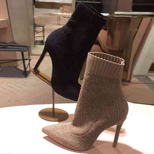 

dress shoes ins style pointy toe sock boots knitted stretch high heels women brand fashion ankle for winter 1ssa, Black