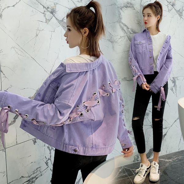 

women's jackets 2021 spring and autumn back cross-tied wide loose casual purple denim jacket short trend, Black;brown