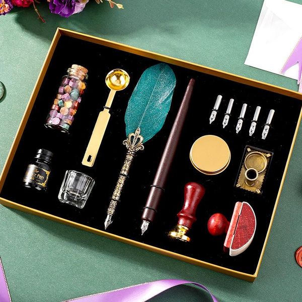 

fountain pens 15pcs/set luxury retro vintage calligraphy feather dip pen writing ink set stationery quill creative