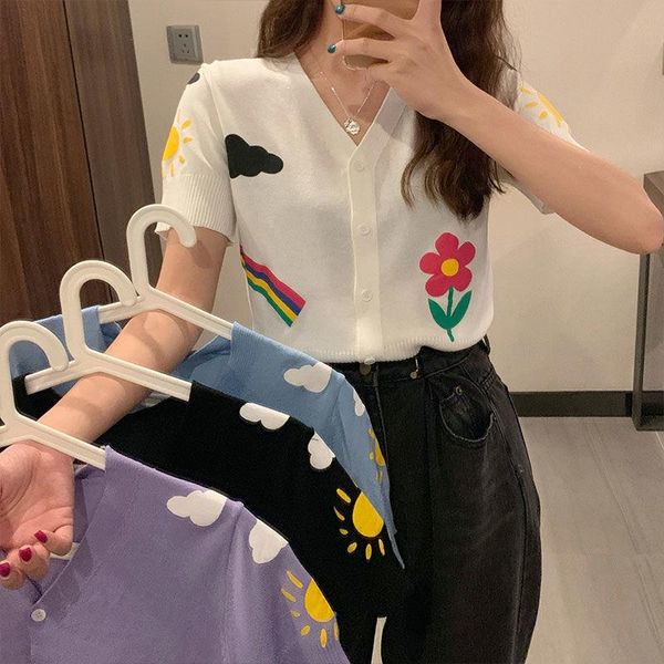 

2021 summer new aiyunduo rainbow thin knitwear short short sleeve female, White