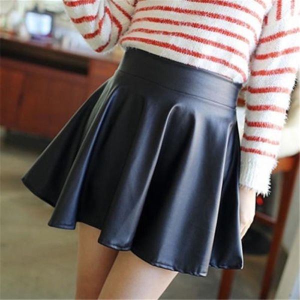 

skirts women slim pu leather skirt high waist short mini pleated party faux skater flare drop, Black