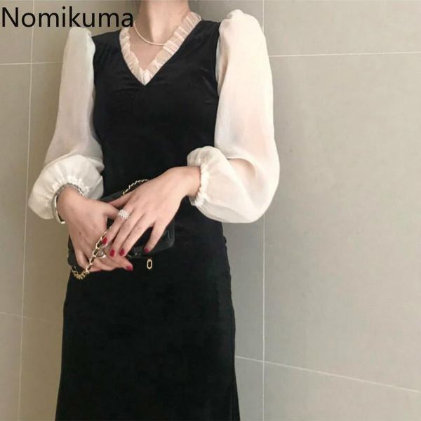 

nomikuma dresses contract color patchwork v neck long sleeve vestidos femme korean chic vintage new elegant dress women 3d888, Black;gray