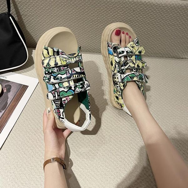 

sandals women's open-toe 2021 summer graffiti platform color matching shoes, Black