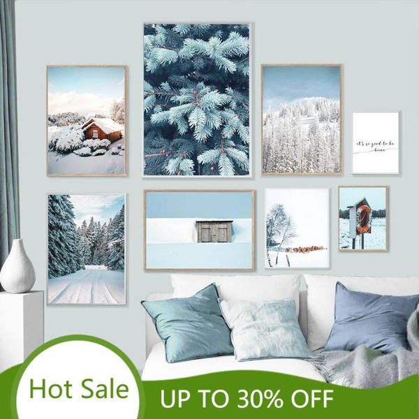 

winter snow poster forest plant landscape canvas painting nordic animal wooden house posters wall pictures for living room decor