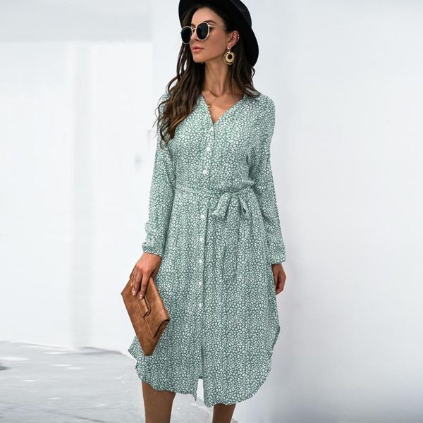 

casual dresses 2021 autumn long sleeve women leopard print irregular split shirt dress lady button belt boho holiday vestido, Black;gray