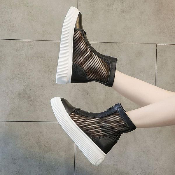 

boots women's summer genuine leather ladies shoes 2021 breathable mesh platform rubber sole woman ankle shoe, Black