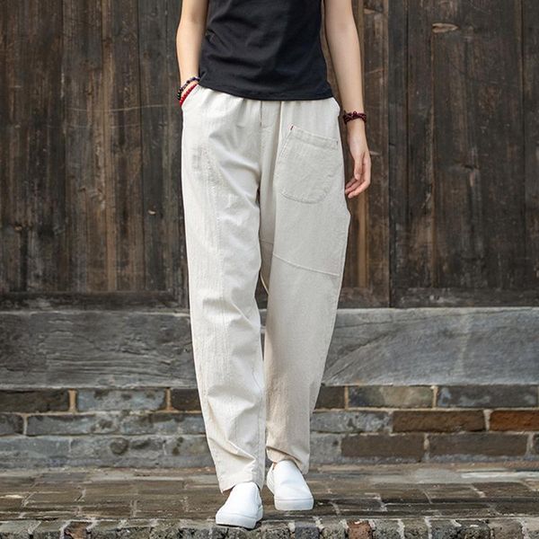 

women's pants & capris aransue 2021 spring autumn slack cotton linen literary splicing slim casual elastic waist female harlan trousers, Black;white