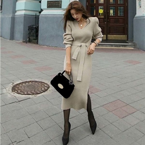 

play 2021 clothing autumn women's knitted female elegant fashion bandage with long v-cleavage dress warm szwp, Black;gray
