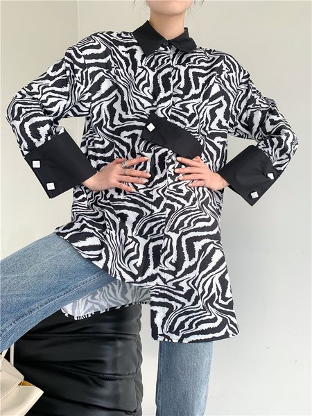 

new zebra print designer women asymmetrical and blouse long sleeve button up collar shirt 2021 fashion dliu, White