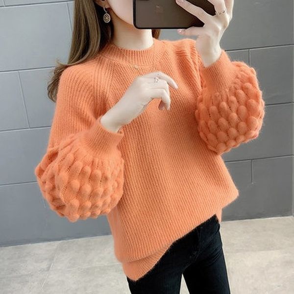

2021 women's autumn and winter new lazy wind loose outer wear lantern sleeve fashion sweater women thick xcwd, White;black