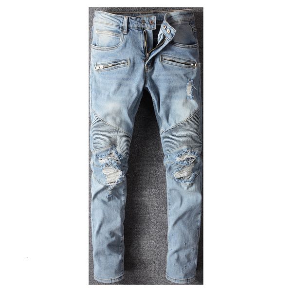 

2021 new men's male fashi classic blue pleated ripped biker jeans fashion slim straight stretch denim pants holes distressed trousers j