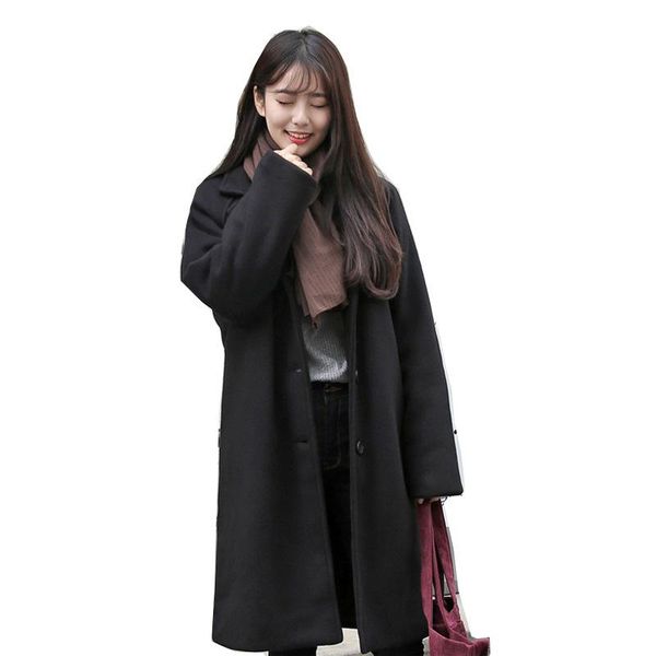 

women's wool & blends 2021 winter coats women autumn woolen blend fashion lapel jackets v neck lace-up solid casual slim overcoats fema, Black