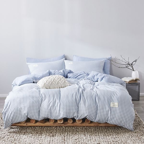 Hochwertige Bettwäsche Blau Plaid Nordic Bettwäsche Set Bettwäsche Set Bettbezug mit Kissenbezügen Einfarbig Twin Full Queen King 210316