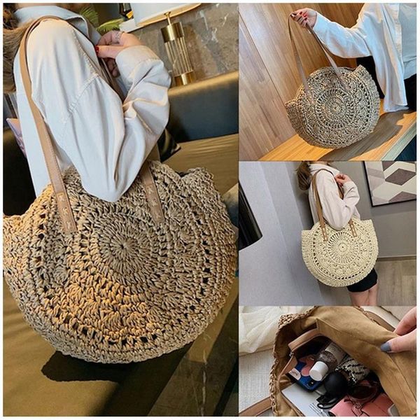 

hand-woven round woman's shoulder bag handbag bohemian summer straw beach travel shopping female tote wicker s
