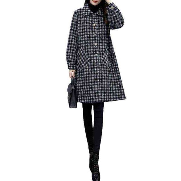 

large women's wear fashion plaid coat in autumn and winter fat sister long sleeve trend, Black