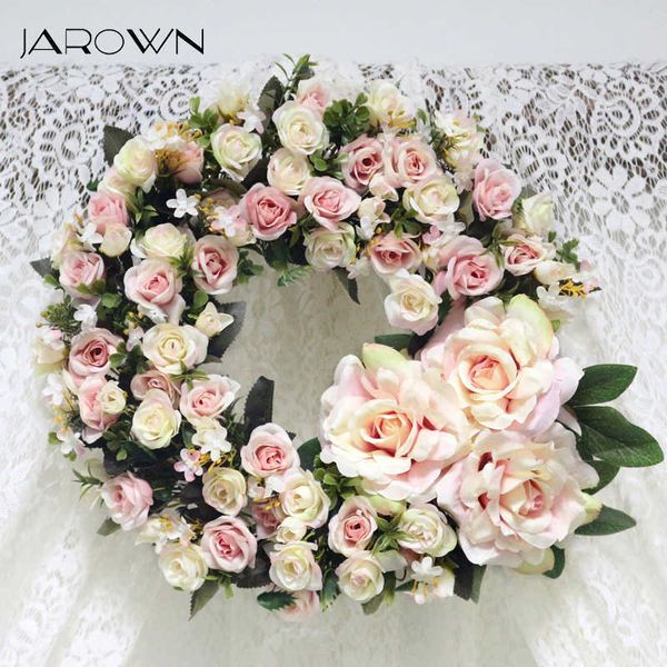 Jarown Künstliche Türklopfer Simulation Silk Rose Blumen Kranz Schaum Stroh Girlande Hochzeit Dekoration Home Party Decor Flores 210624