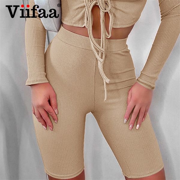 

viifaa ribbed knit skinny biker shorts for women sporting jogger summer spring solid casual ladies shorts 210306, White;black