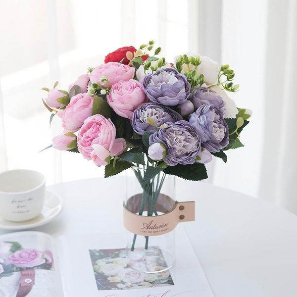 

decorative flowers & wreaths 2pcs 5 heads roses bunch artificial bouquet for wedding table decoration home party layout fake peony floral