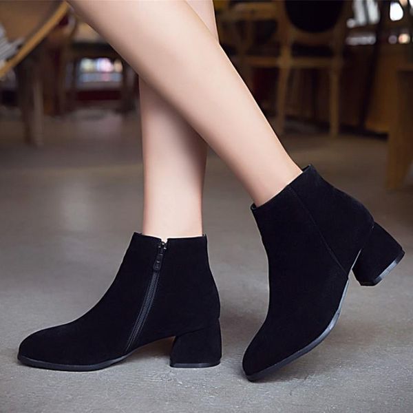 

boots oversized -16 women shoes ankle for ladies woman winter side zipper round head square heel, Black