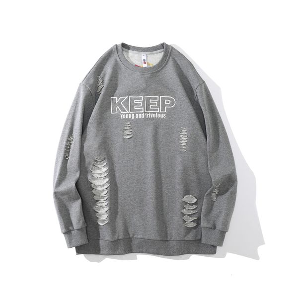

high street hole letter embroidery long sleeve round neck pullover men's youth sports leisure large size thin sweater, Black