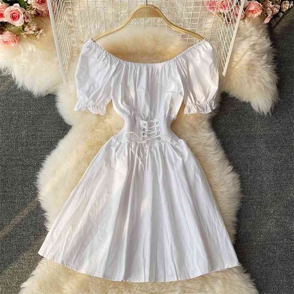 

french style women dress slash neck short sleeve summer lace-up bandage waist a-line casual female 210603, Black;gray