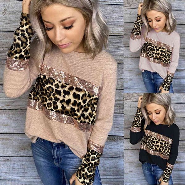 

women leopard sequins patchwork hoodies crew neck long sleeve sweatshirt ladies wide waisted clothes, Black