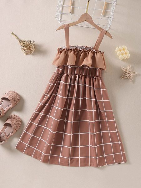 

girls grid print ruffle trim cami dress she, Red;yellow