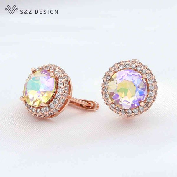 

s&z design new trendy cubic zirconia 585 rose gold round crystal dangle earrings for women wedding luxury classic jewelry gift, Bronze;silver