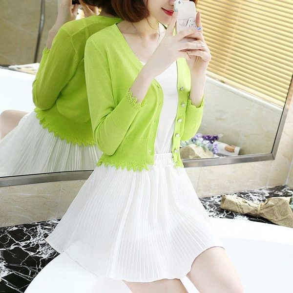 

women 2021 summer new fashion three quarter office lady thin ice silk knitting sweaters female loose v-neck short cardigans s423, White
