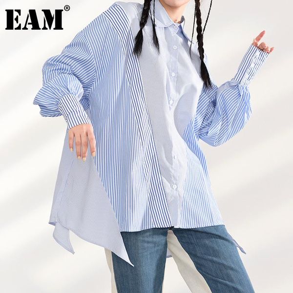 

women's blouses & shirts [eam] women striped blue big size asymmetrical blouse lapel long sleeve loose fit shirt fashion spring autumn, White