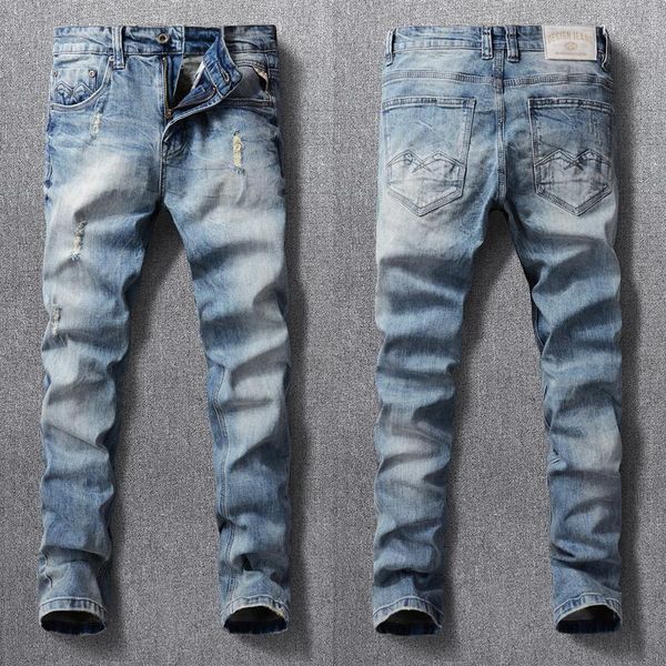 

men's jeans european vintage fashion men retro light blue elastic slim ripped korean style casual denim pants