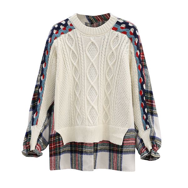 

fashion chic splicing pullover knitwear women for autumn winter vintage oversized o-neck long sleeve mujer sweater tide ins, White;black
