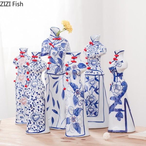 

vases chinese style ceramic blue and white porcelain vase beauty cheongsam figure flower living room coffee table home decoration