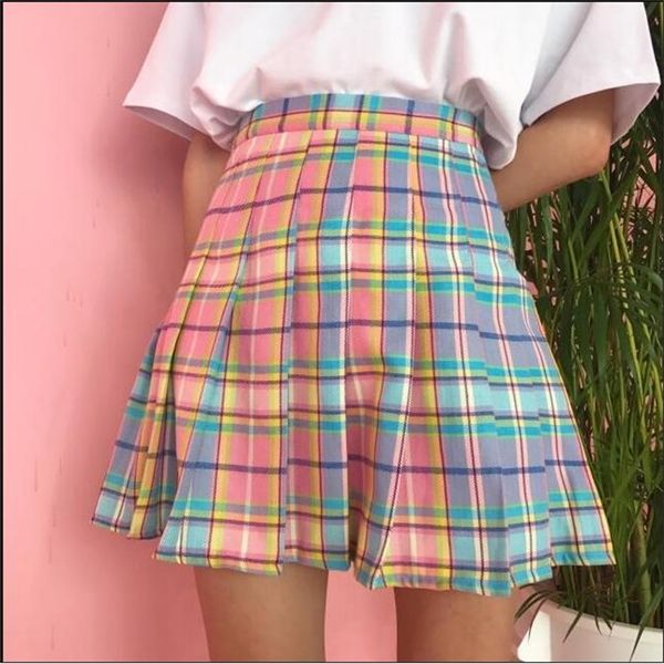 

spring and summer college wind rainbow plaid skirt 210311, Black