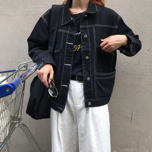 

women's jackets denim for women fashion black single breasted button casual coat 2021 autumn korean loose high street jean outwear, Black;brown