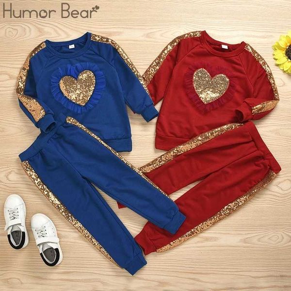 Humor Bear FashionNuovi bambini di autunno Neonate che coprono gli insiemi T-shirt con paillettes amore a maniche lunghe + pantaloni 2 pezzi Vestiti per bambini in cotone X0902