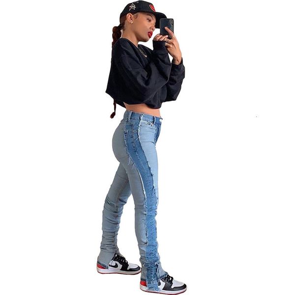 

women stacked patchwork jeans high waist bodycon stretch slip hem denim boyfriend trousers pants wholesale dropshi m0ux, Blue