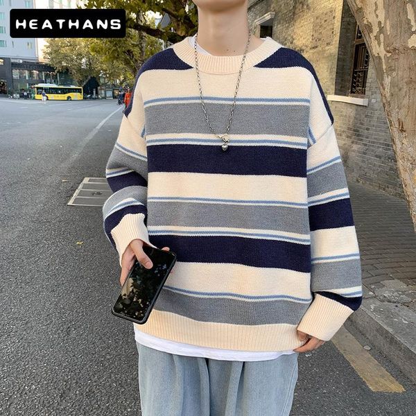 

men's sweaters striped loose casual sweater student male autumn winter knit wears korean pullover o-neck bottoming, White;black