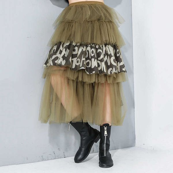 

eam] high elastic waist letter print mesh split joint cake half-body skirt women fashion tide new spring autumn 2021 1r173 cx200703, Black