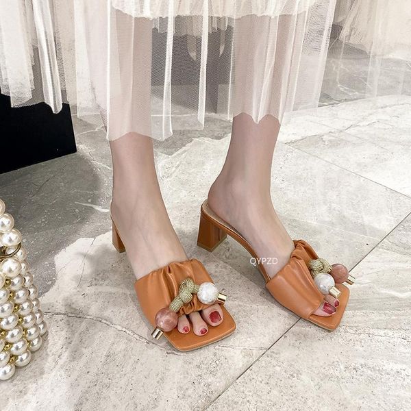 

slippers fashion square heels pearl women sandals 2021 lace ruffles string bead high open toe fairy style female, Black