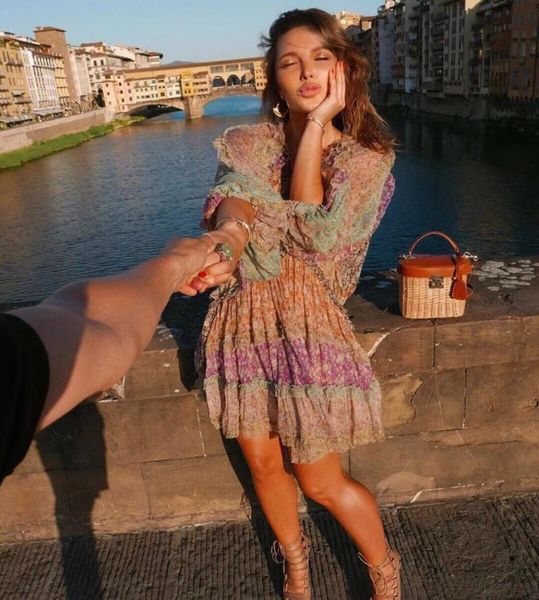 

casual dresses 2021 summer rainbow flower print splicing long sleeve v-neck big swing women hoiday elegant dress silk fairy, Black;gray