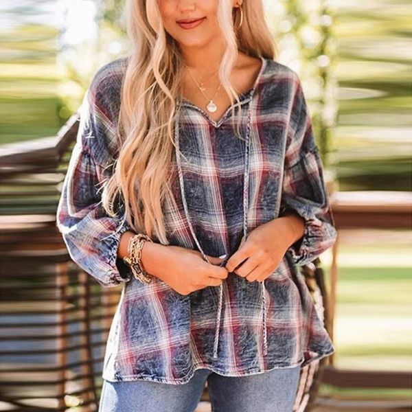 

women's t-shirt harajuku women casual plaid printing long sleeve v-neck home shirt clothing aesthetic oversized woman tshirts, White