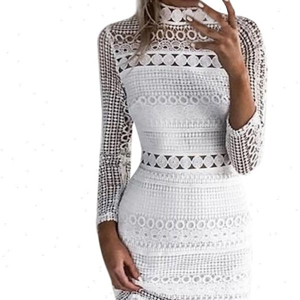 

womens white lace dress hallow out bodycon dress 2018 spring summer long sleeve stand neck mini dresses l, Black;gray
