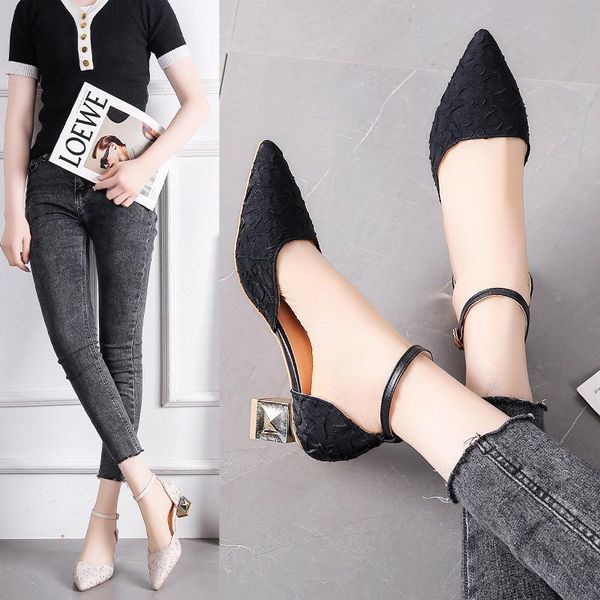 

sandals 2021 korean version bun-toe sandal with thick heel and pointed toe silk hollow high-heeled shoes for women buckle strap, Black