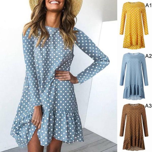 

spring round neck long sleeve solid yellow chiffon dot loose big size dress women fashion dresses casual, Black;gray