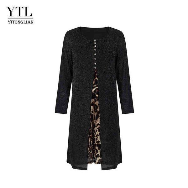 YTL O-образным вырезом поддельных 2 шт. Длинное рукавом платье леопарда лоскутная серебряная нить сияющий вязание элегантные женские платья W018 G1214