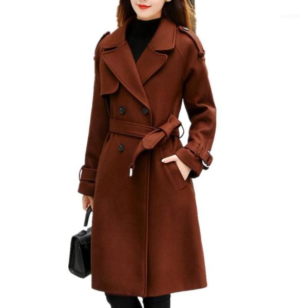 

women's wool & blends autumn winter women long woolen coat fashion slim double breasted belted coat1, Black